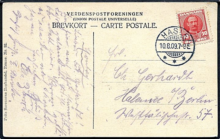 10 øre Fr. VIII på brevkort annulleret med brotype Ia Hasle d. 10.8.1909 til Berlin, Tyskland.