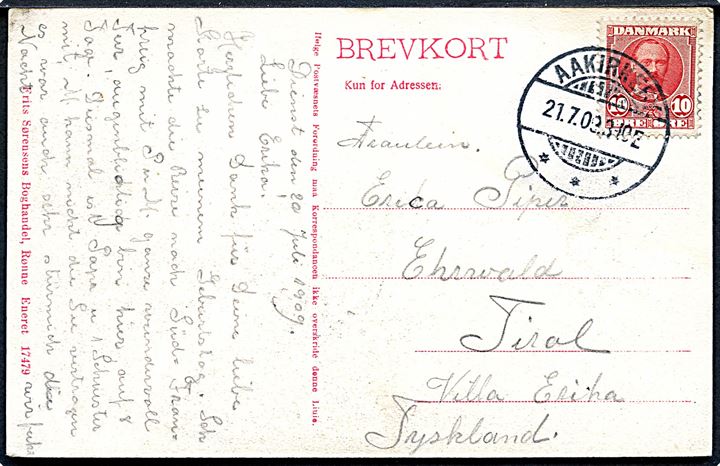 10 øre Fr. VIII på brevkort annulleret med brotype Ia Aakirkeby d. 21.7.1909 til Ehrwald, Tirol, Tyskland.