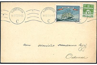 10 øre Bølgelinie og Julemærke 1922 på brevkort fra Kjøbenhavn d. Kjøbenhavn d. 14.12.1922 til Odense.