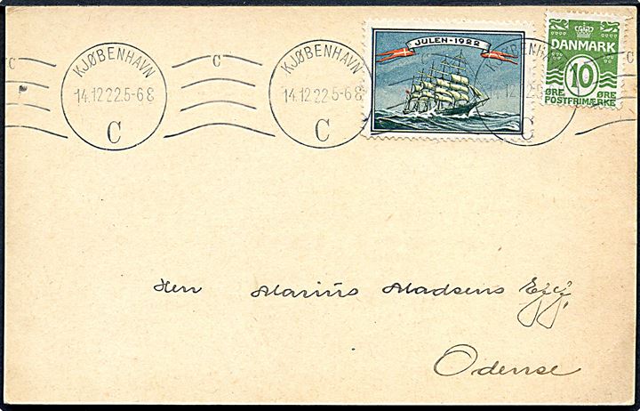 10 øre Bølgelinie og Julemærke 1922 på brevkort fra Kjøbenhavn d. Kjøbenhavn d. 14.12.1922 til Odense.