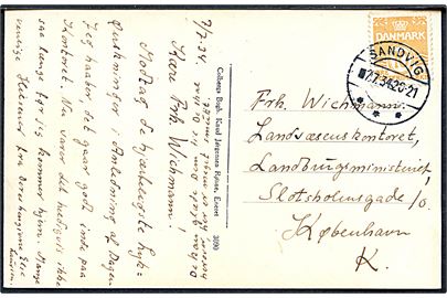 10 øre Bølgelinie på brevkort annulleret med brotype IIc Sandvig d. 7.7.1934 til København.