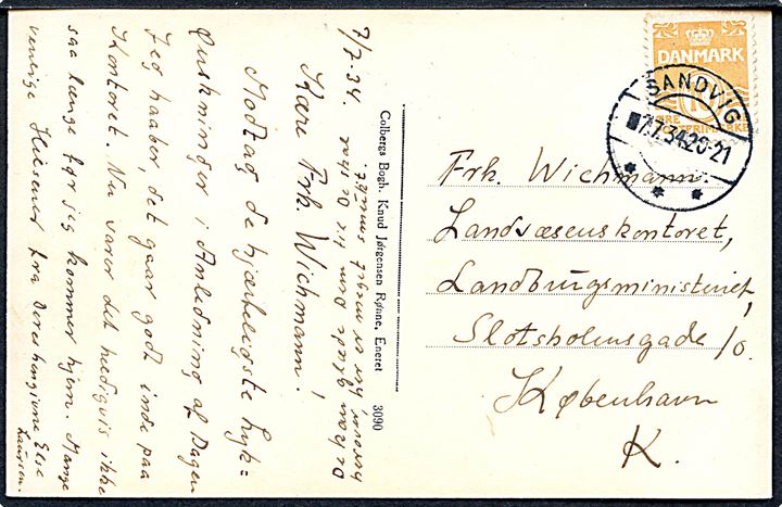 10 øre Bølgelinie på brevkort annulleret med brotype IIc Sandvig d. 7.7.1934 til København.