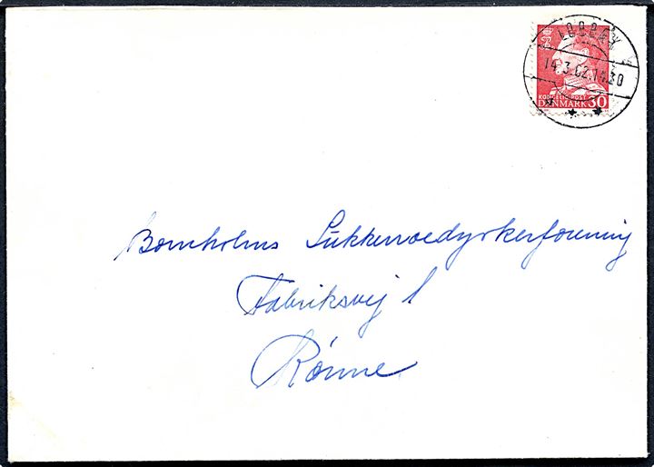 30 øre Fr. IX på brev annulleret med brotype IId Lobbæk d. 14.3.1962 til Rønne.