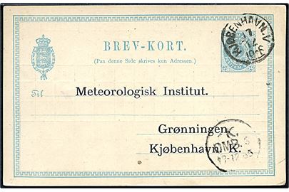 4 øre lokalt helsagsbrevkort i Kjøbenhavn d. 17.12.1885 til Meteorologisk Institut. Indrapportering af Timevise Varmeiagttagelser paa Landøconomisk Forsøgslaboratorium.