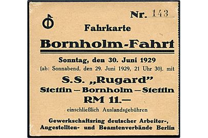 Fahrkarte for Bornholm-Fahrt med S/S Rugard d. 30.6.1929: Stettin - Bornholm - Stettin.