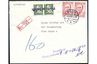60 øre Sonne (2) på anbefalet brev fra Viborg d. 9.8.1968 til Århus. Stemplet Kassebrev Viborg postkontor og udtakseret i porto med 80 øre Fr. IX i parstykke annulleret Porto at betale.