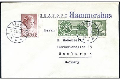 12 øre Landbrug, 35 øre Fr. IX og 25+5 øre Børneforsorg på filatelistisk skibsbrev annulleret Rønne d. 17.7.1961 og sidestemplet med privat skibsstempel Hammershus til Hamburg, Tyskland