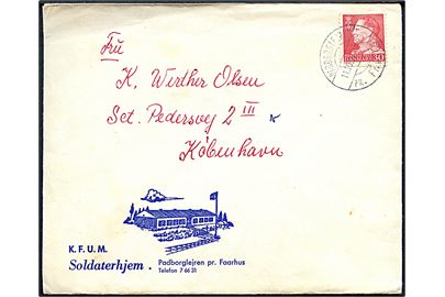 30 øre Fr. IX på fortrykt kuvert fra KFUM Soldaterhjem annulleret med pr.-stempel Padborglejren pr. Fårhus d. 11.10.1962 til København.