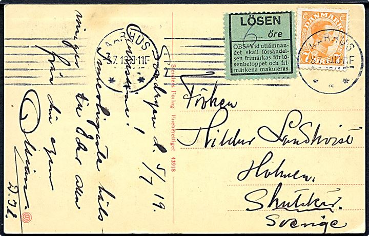 7 øre Chr. X på underfrankeret brevkort (Risskov Strand) fra Aarhus d. 8.7.1919 til Skutskär, Sverige. 6 öre svensk Lösen etiket.