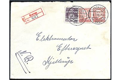 10 øre Bølgelinie og 20 øre Fr. IX i parstykke på anbefalet brev annulleret med pr.-stempel Lindknud pr. Brørup d. 8.7.19449 til Kjellerup.