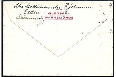 25+5 øre Kræftmærke på fortrykt kuvert fra Gjedser-Warnemünde overfarten annulleret med skibs-håndrulle stempel Dansk Søpost Gedser-Warnemünde 1932 til Goldberg, Schlesien, Tyskland.