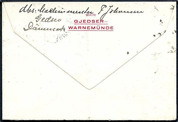25+5 øre Kræftmærke på fortrykt kuvert fra Gjedser-Warnemünde overfarten annulleret med skibs-håndrulle stempel Dansk Søpost Gedser-Warnemünde 1932 til Goldberg, Schlesien, Tyskland.