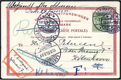 5 øre Våben på brevkort fra Aakirkeby d. 7.9.1905 til Kjøbenhavn - retur som ubekendt og genfremsendt med korrett adresse fra Aakirkeby d. 10.8.1905.
