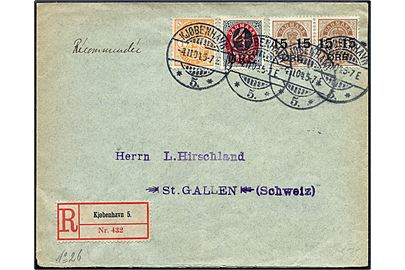 1 øre Våben, 4/8 øre og 15/24 øre (2) Provisorium på 35 øre frankeret anbefalet brev fra Kjøbenhavn d. 4.11.1904 til St. Gallen, Schweiz.