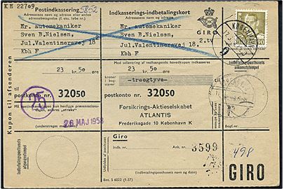 90 øre Fr. IX single på lokalt retur Indkasserings-Indbetalingskort i København d. 17.5.1958.