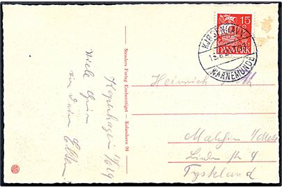 15 øre Karavel på brevkort (Indsejlingen til Frihavnen med togfærge) annulleret med bureaustempel Kjøbenhavn - Warnemünde T.93 d. 16.6.1929 Tyskland.