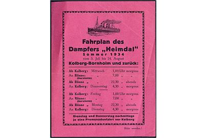 Fartplan på dampskibet Heimdal på ruten Kolberg-Bornholm i sommeren 1934.