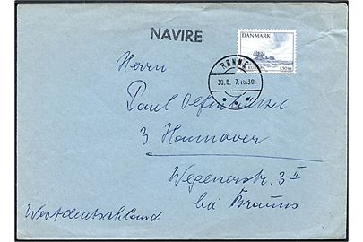 1,30 kr. Europa udg. på skibsbrev annulleret Rønne d. 30.8.1977 og sidestemplet NAVIRE til Hannover, Tyskland.