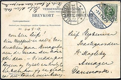 5 øre Fr. VIII på brevkort (Jernbanefærgen Prinsesse Alexandrine) annulleret med bureaustempel Kjøbenhavn - Warnemünde T.74 d. 7.1.1911 til St. Magleby på Amager.