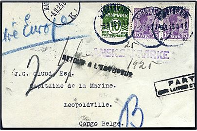 10 øre Bølgelinie og 15 øre Chr. X i parstykke på BREVSTYKKE fra brev fra Kjøbenhavn d. 9.9.1925 til Leopoldville, Belgisk Congo. Flere returstempler.