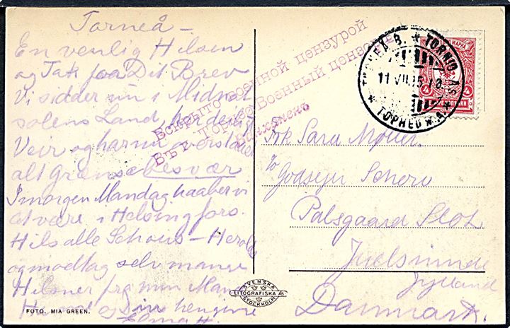 Russisk 4 kop. Våben anvendt i Finland på brevkort (Haparanda, Islossning i Torneälv) annulleret med 3-sproget stempel i Torneå B. d. 11.7.1915 til Juelsminde, Danmark. Russisk censur fra Torneå.