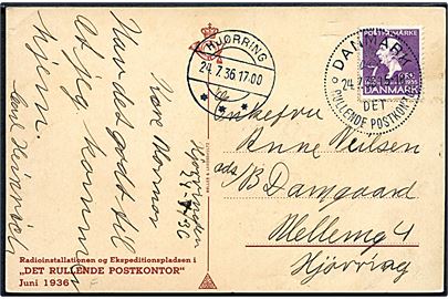 7 øre H. C. Andersen på lokalt brevkort annulleret med særstempel Danmark * Det Rullende Postkontor * d. 24.7.1936 og sidestemplet Hjørring d. 24.7.1936. Det rullende Postkontor var opstillet i Hjørring i dagene 24.-25.7.1936 i forbindelse med dyreskue.