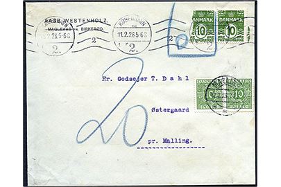 10 øre Bølgelinie i parstykke på brev fra København d. 11.2.1926 til Malling. Enemærke forrevet og markeret ugyldig. Udtakseret i porto med 10 øre Portomærke i parstykke stemplet Malling d. 12.2.1926.