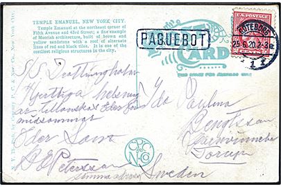 Amerikansk 2 cents Washington på brevkort (Parti fra New York) skrevet ombord på Svensk Amerika Linies dampskib S/S Drottningholm og annulleret i Göteborg d. 25.6.1920 med sidestempel Paquebot til Torup, Sverige.