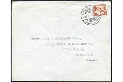 65 aur Gullfoss single på brev fra Reykjavik d. 22.11.1946 til London, England.
