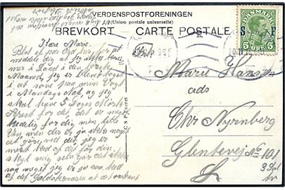 5 øre Soldaterfrimærke på lokalt brevkort i Kjøbenhavn d. 20.11.1918. Interessant meddelelse: ... jeg kan ikke komme i Land i den første Maaned. Jeg er blevet taget i at sove paa Vagt i Mandags Nat, og jeg skal have 5 Dages Mørk Arrest for det ......