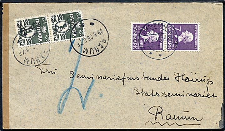 7 øre H. C. Andersen i parstykke på underfrankeret brev fra Frederikshavn d. 28.5.1934 til Ranum. Udtakseret i porto med 1 øre Bølgelinie påskrevet Porto i parstykke anvendt som Portomærker og annulleret brotype IIIb Ranum d. 29.5.1936.