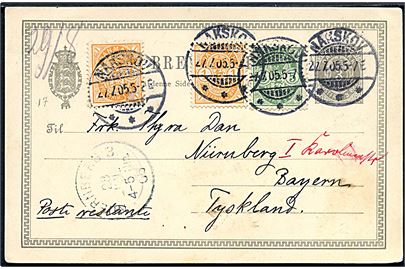 3 øre helsagsbrevkort opfrankeret med 1 øre (2) og 5 øre Våben fra Nakskov d. 27.7.1905 til poste restante i Nürnberg, Tyskland.