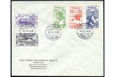 Komplet sæt Thule udg. på fortrykt uadresseret kuvert annulleret Thule Grønland d. 10.8.1936. FDC for 25 øre udgaven. 