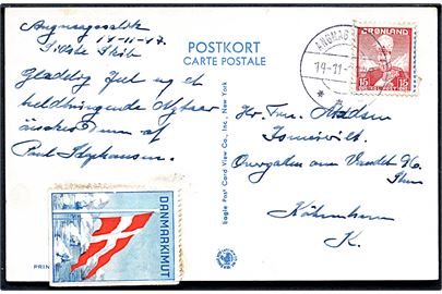 15 øre Chr. X og Danmarkimut mærkat på brevkort (Agpatsundet i Umanaqfjorden) annulleret Angmagssalik d. 14.11.1947 til København. Julehilsen sendt med sidste skib fra Østgrønland.