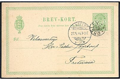 5 øre Våben helsagsbrevkort annulleret med stjernestempel ØRSLEV og sidestemplet Slagelse d. 27.5.1895 til Fredericia.