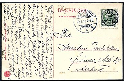 5 øre Fr. VIII på brevkort (Aalborg gamle posthus) annulleret med stjernestempel VEJGAARD og sidestemplet Aalborg d. 23.2.1910 til Aarhus.