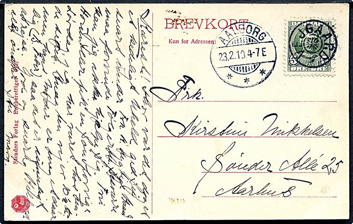 5 øre Fr. VIII på brevkort (Aalborg gamle posthus) annulleret med stjernestempel VEJGAARD og sidestemplet Aalborg d. 23.2.1910 til Aarhus.