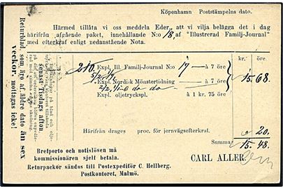 6 øre helsagsbrevkort med fortrykt meddelelse på SVENSK fra firma Carl Aller annulleret med lapidar KBH. NØRB. EXP. d. 27.4.1884 til Göteborg, Sverige.