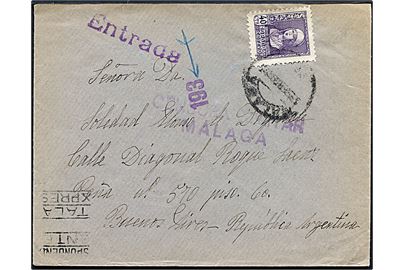 40 cts. på brev fra Malaga 1938 til Buenos Aires, Argentina. Lokal censur fra Malaga. På bagsiden 5 cts. Pro Malaga velgørenheds mærke.