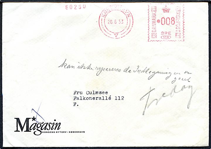 8 øre firmafranko på på ren tryksag fra firma Magasin sendt lokalt i København d. 26.6.1953. Endvidere Kvitteringer og lille brochure fra Magasin du Nord.