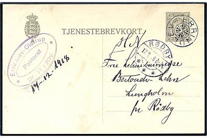 3 øre Tjenestebrevkort sendt lokalt med stjernestempel ERRINDSLEV og sidestemplet Rødby d. 17.2.1918 til Lungholm pr. Rødby.