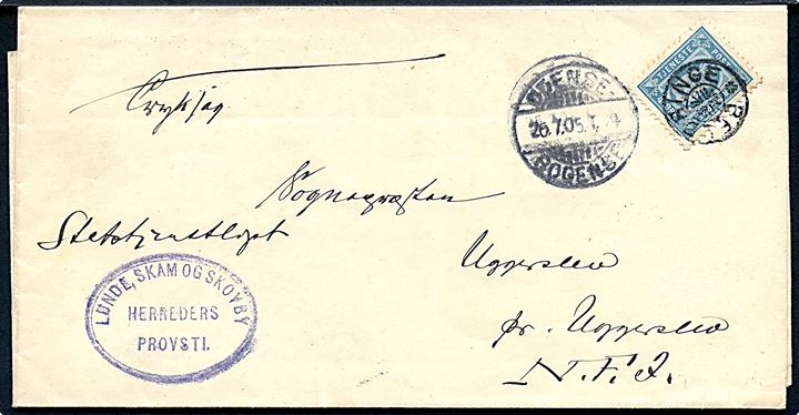 4 øre Tjenestemærke på cirkulære sendt som tryksag annulleret med stjernestempel BELDRINGE og sidestemplet bureau Odense - Bogense T.24 d. 26.7.1905 til Uggerslev N.F.J. (Nordfynske Jernbaner).