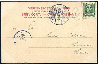 5 øre Chr. IX på brevkort (Aalborg set fra Limfjorden) annulleret med stjernestempel TYLSTRUP og sidestemplet bureau Aalborg - Frederikshavn T.968 d. 4.8.1905 til Skive.