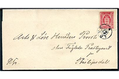 8 øre Tjenestemærke (defekt) på brev fra 1880'erne annulleret med stjernestempel LØVE (type I) til Store Fuglede prææstegård pr. Philipsdal. Ank.stemplet med lapidar Philipsdal.