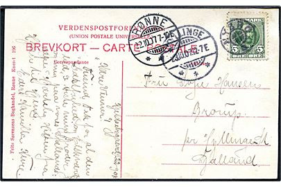 5 øre Fr. VIII på brevkort annulleret med stjernestempel NYBRO og sidestemplet Rønne d. 22.10.1907 til Hyllinge.