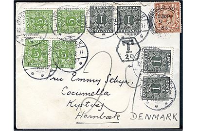 Engelsk 1½d George V på underfrankeret brev fra Marlborough d. 9.9.1934 til Hornbæk, Danmark. Udtakseret i porto med 1 øre (4) og 5 øre (4) Portomærker stemplet Hornbæk d. 12.9.1934. 
