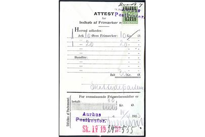 10 øre Gebyr provisorium annulleret med kontorstempel Aarhus Postkontor på Attest for Indkøb af Frimærker m.v. d. 14.4.1923. Folder.