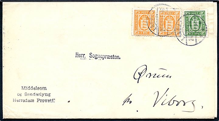 1 øre (par) og 5 øre Tjenestemærke på cirkulære sendt som tryksag fra Langaa d. 26.5.1920 til Ørum pr. Viborg.