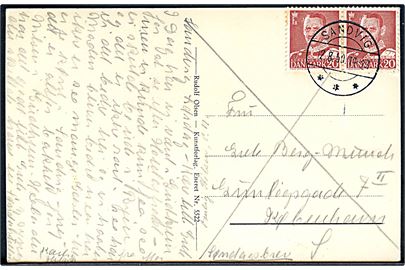20 øre Fr. IX i parstykke på søndags-brevkort fra Sandvig d. 12.8.1950 til København.