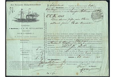 Det Forenede Dampskibsselskab illustreret fragtbrev for gods fra Bordeaux d. 30.5.1870 med S/S Odin til København. 50 c. fransk stemplet papir.
